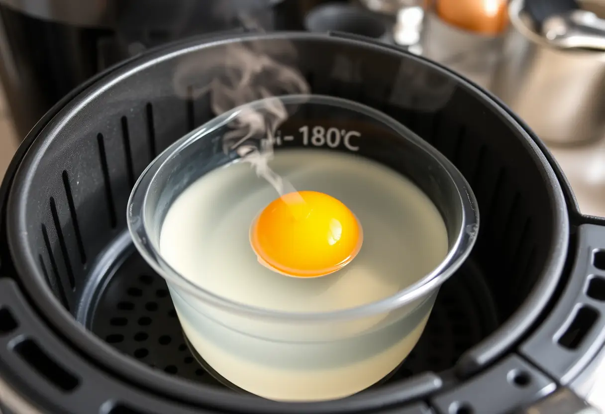 Un œuf dans un conteneur rempli d'eau froide, placé dans une friteuse à air chaud