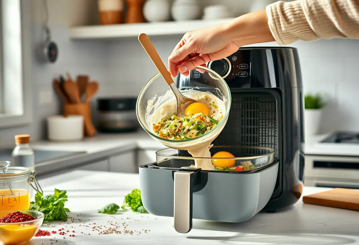 Un mélange d'œufs et de légumes sur un plan de travail bien éclairé, prêt à être cuit dans une friteuse à air.