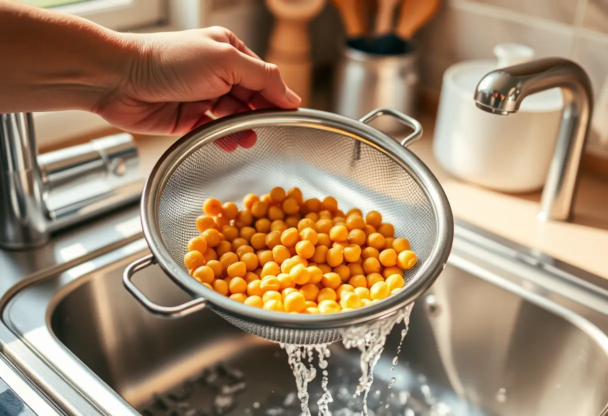 Main d'une personne tamisant des pois chiches dans une évier