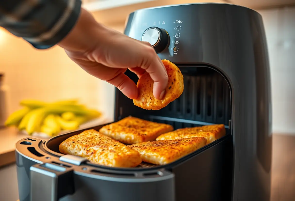 Mains retirant des filets de poisson dorés de l'air fryer après cuisson