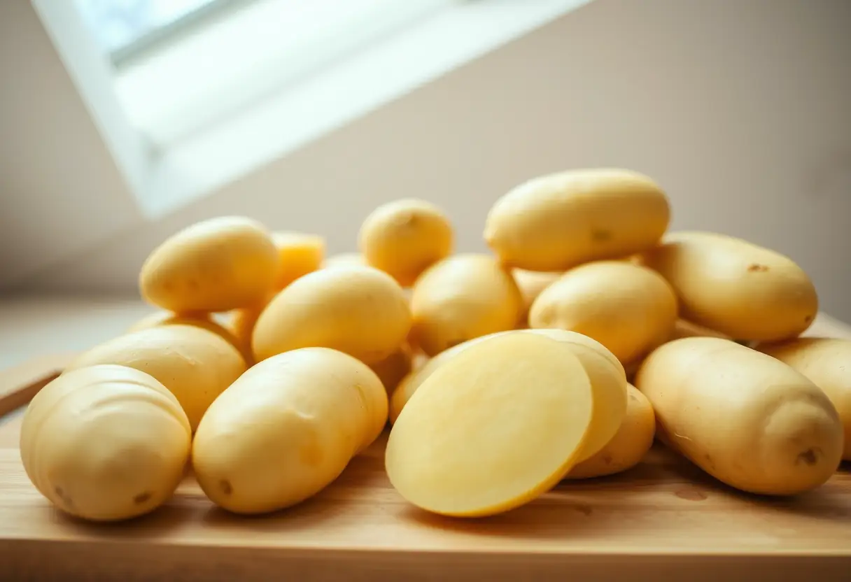 Des pommes de terre épluchées disposées sur un plan de travail