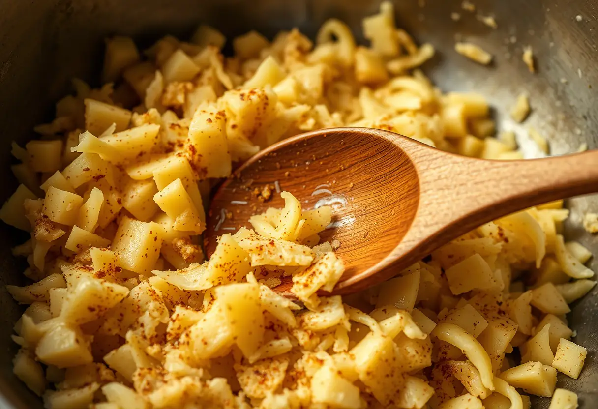 Une cuillère en bois mélangeant des pommes de terre râpées avec des herbes de provence dans un bol
