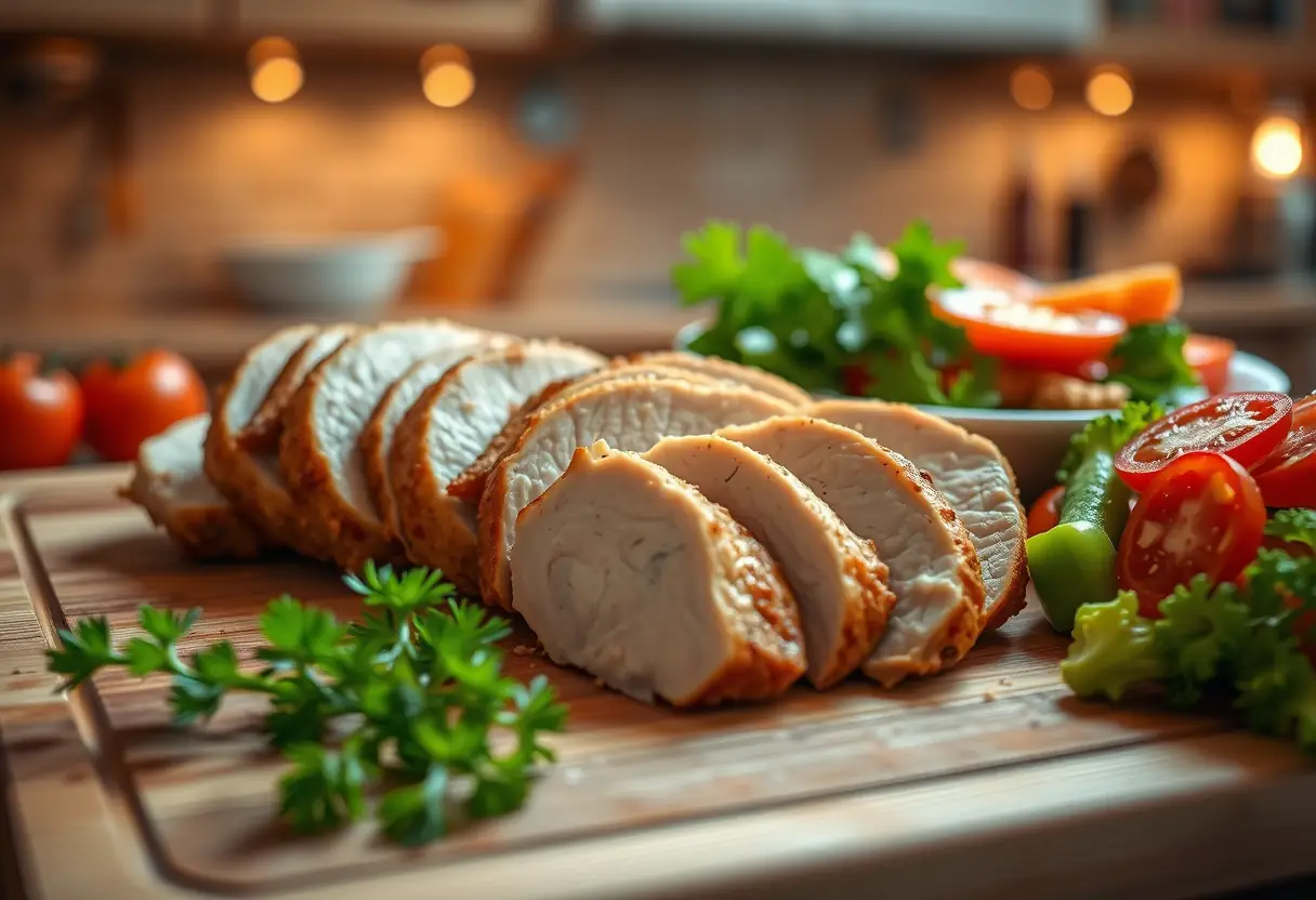 Des tranches de poulet cuit sur un plan de travail avec des légumes frais