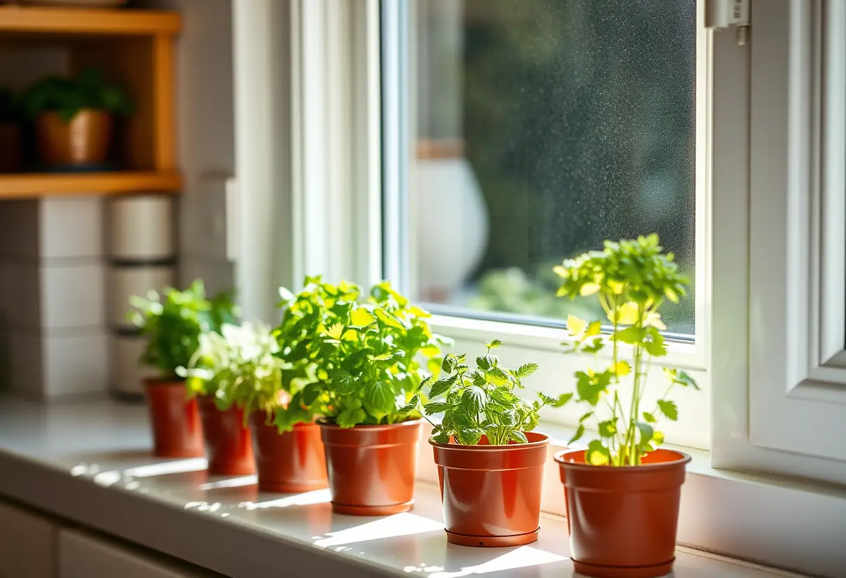 Des herbes en pot sur un rebord de fenêtre dans une cuisine lumineuse, éclairées par le soleil matinal