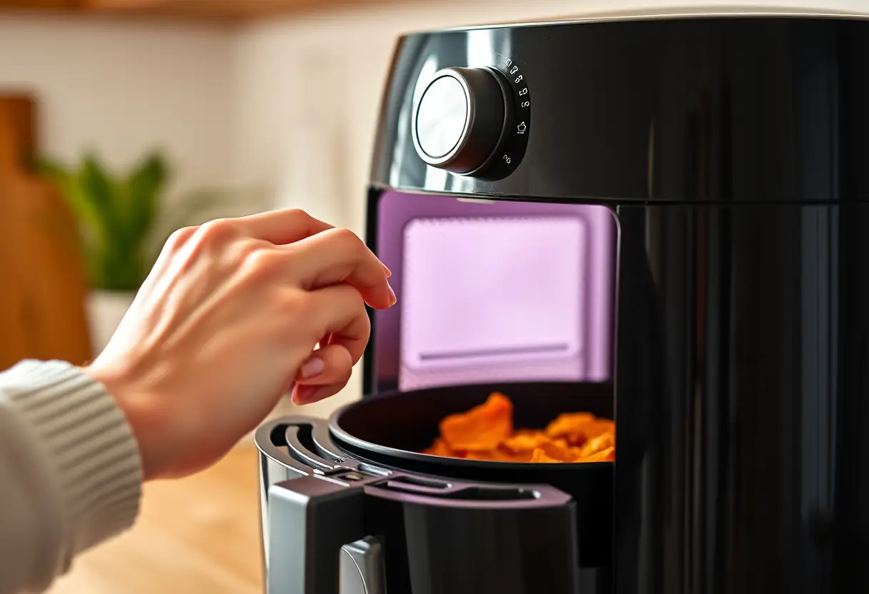 Main tourant le bouton d'un air fryer dans une cuisine chaleureuse