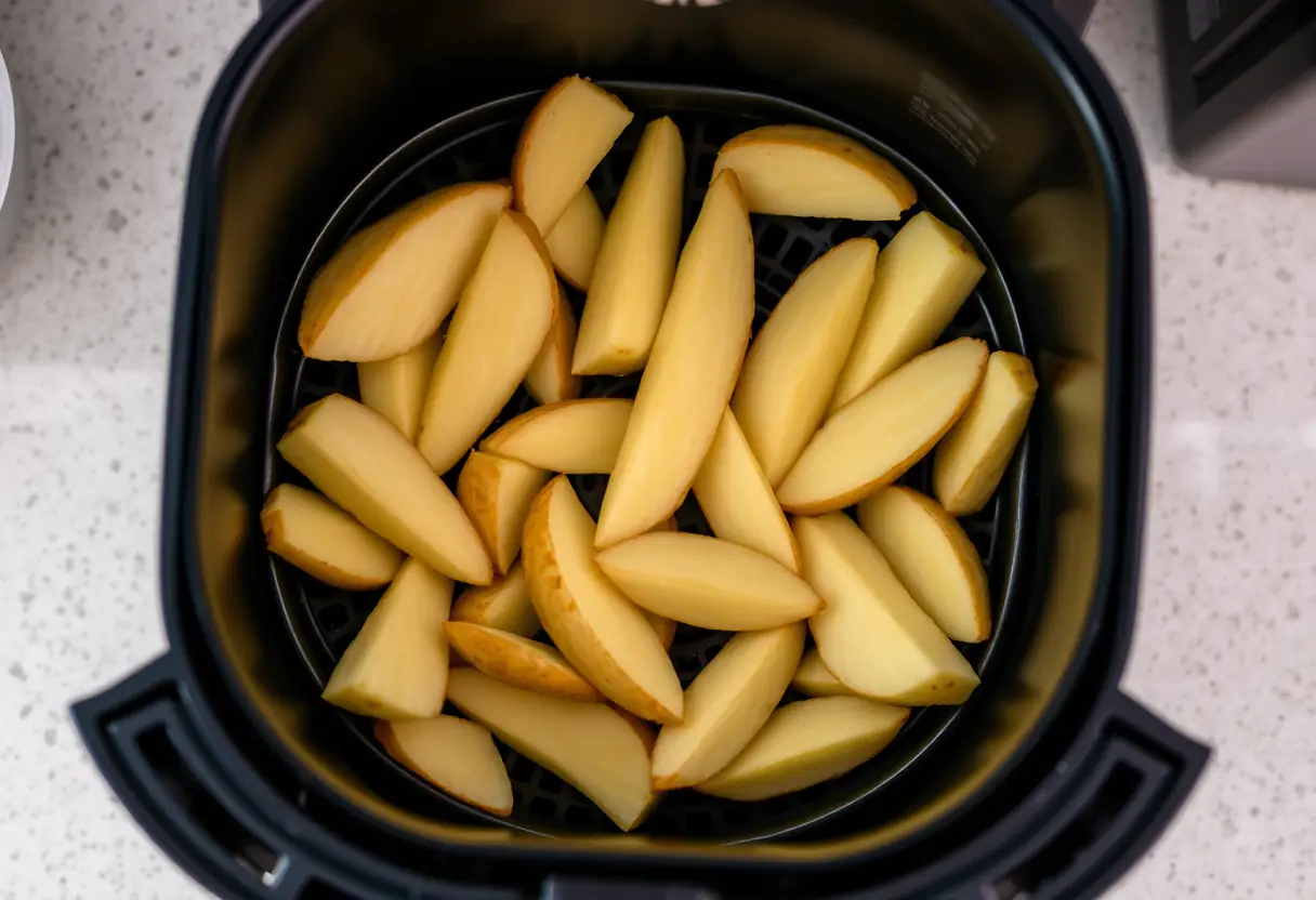 Un panier de pommes de terre coupées prêtes à être cuits dans une friteuse