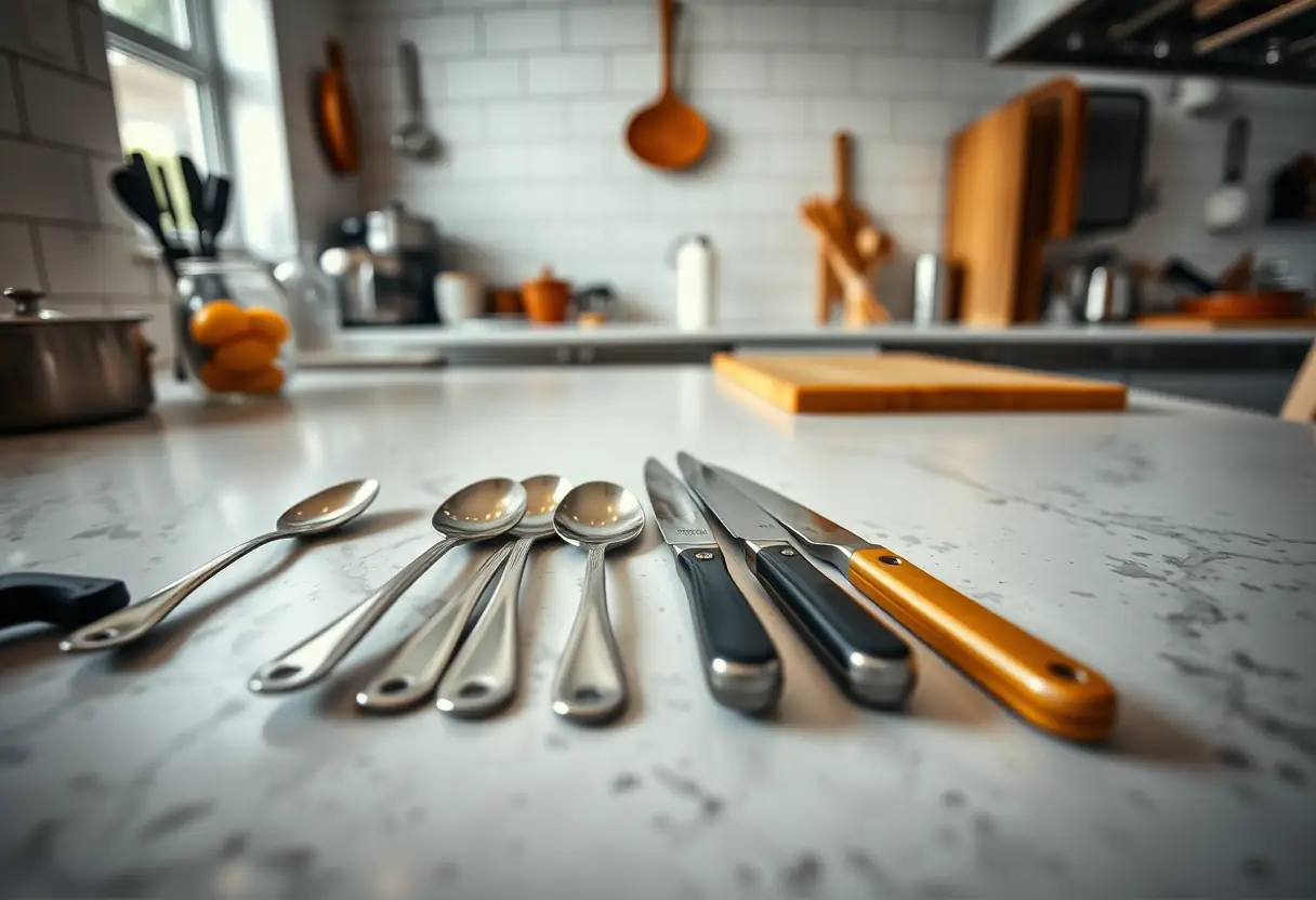 Un comptoir de cuisine organisé avec ustensiles, guide recettes Air Fryer