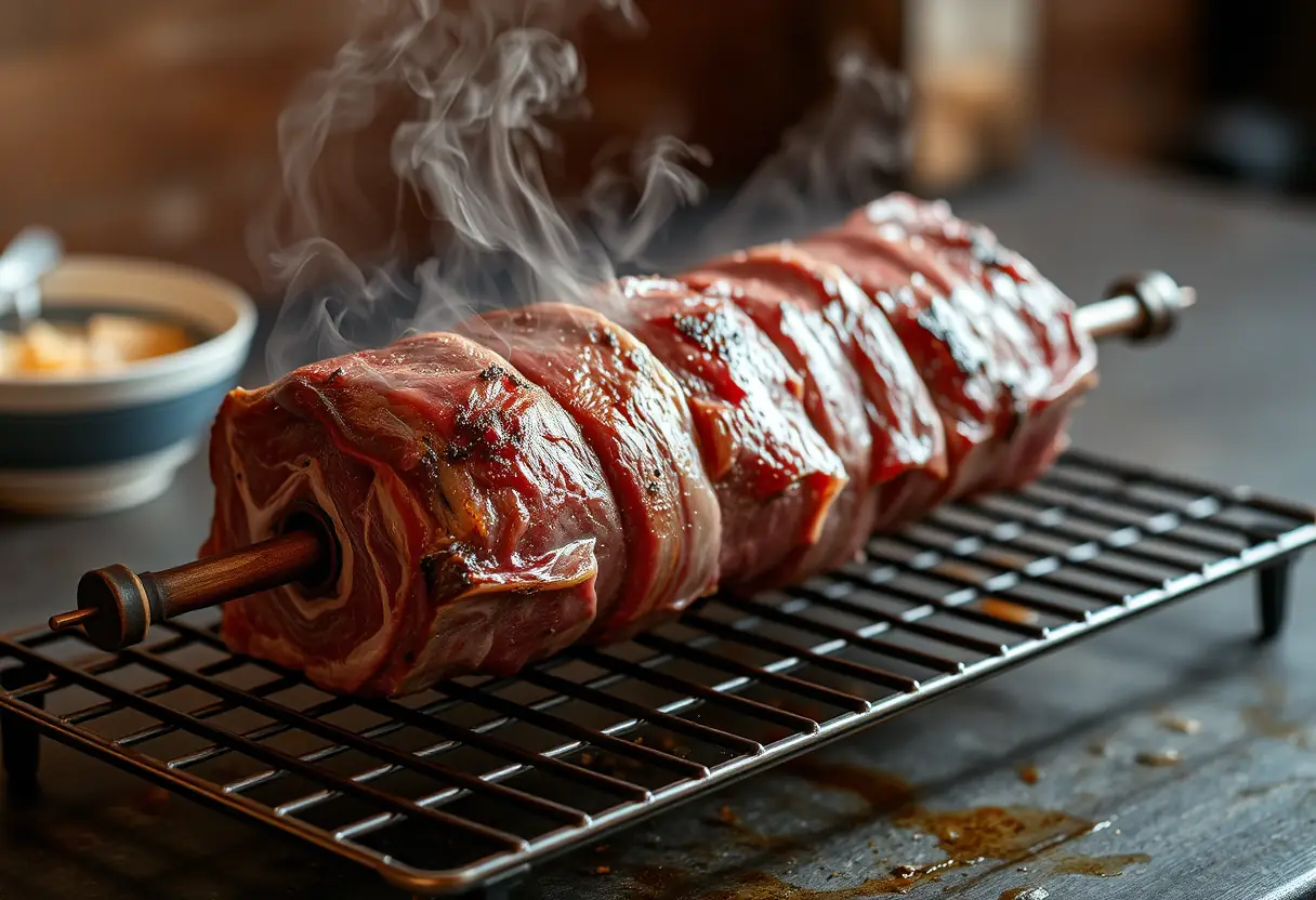 Un roti de bœuf cuit repose sur une grille de refroidissement avec de la vapeur qui s'en élève