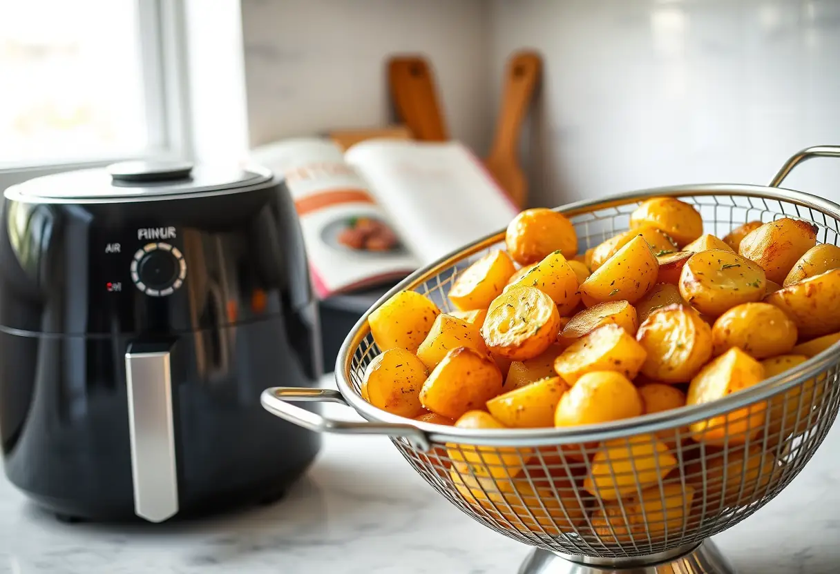 Colander rempli de pommes de terre rôties près d'une friteuse à air chaud