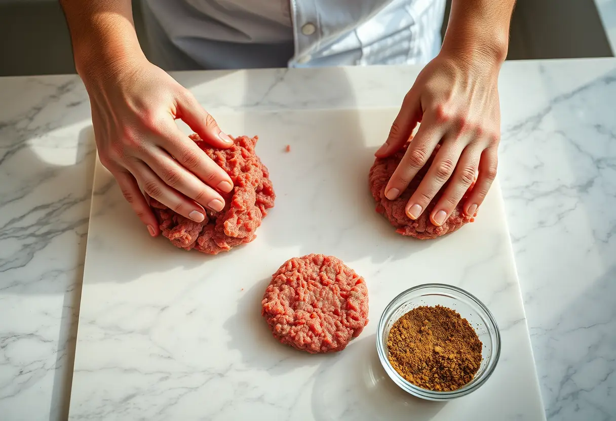 Des mains façonnant des galettes de steak haché sur un comptoir en marbre